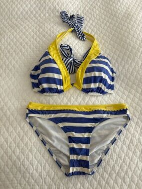 Striped Blue & White Bikini with Yellow Trim